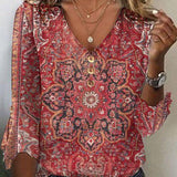 Blouse Femme Imprimé Bohème – Haut Col V Élégant