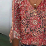 Blouse Femme Imprimé Bohème – Haut Col V Élégant