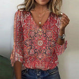 Blouse Femme Imprimé Bohème – Haut Col V Élégant