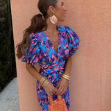 Robe Midi Fleurie à Manches Bouffantes