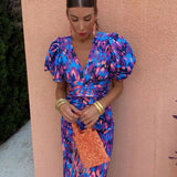 Robe Midi Fleurie à Manches Bouffantes