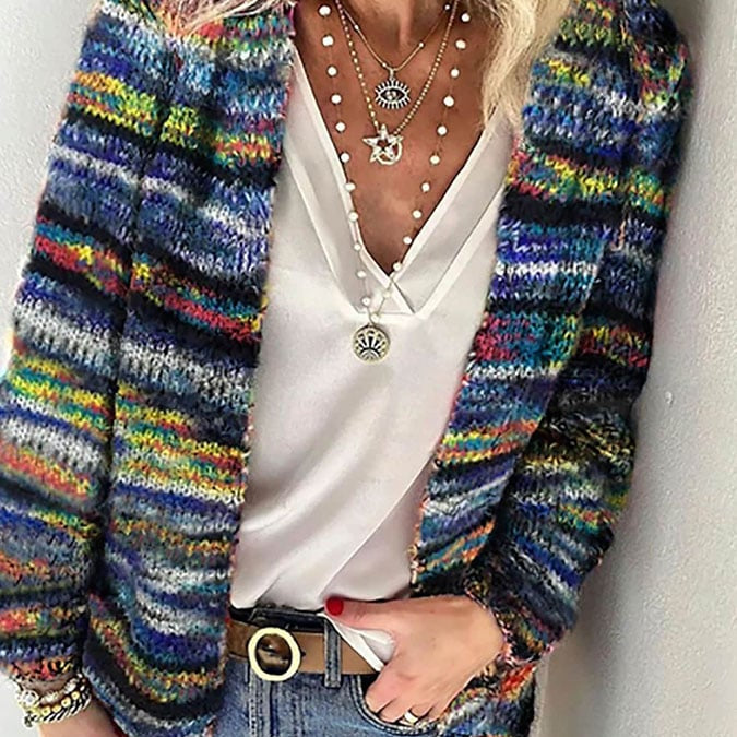Farverig Strik Cardigan Casual Stil Blød Komfort