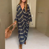 Robe Longue Femme Imprimée à Col V Boutonnée