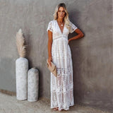 Robe longue en dentelle à col V pour femme