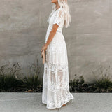Robe longue en dentelle à col V pour femme