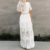 Robe longue en dentelle à col V pour femme