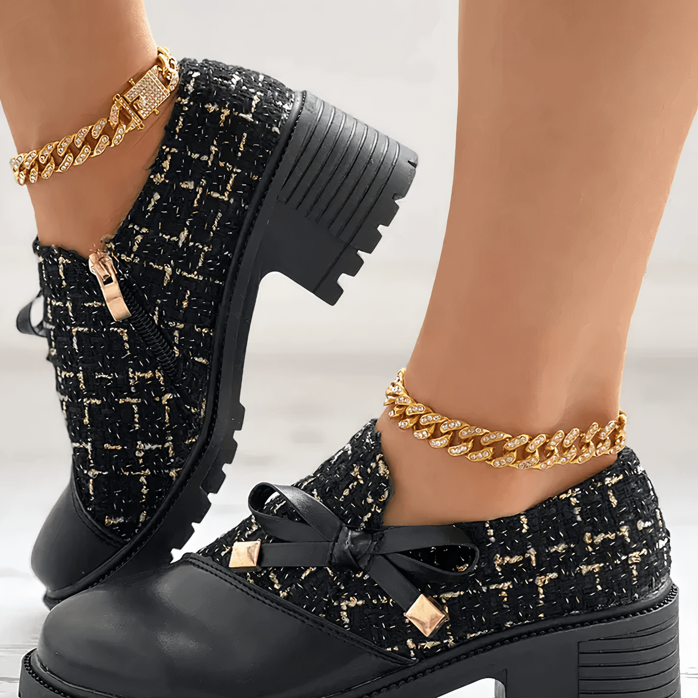 Bottines Tweed à Lacets Style Chic