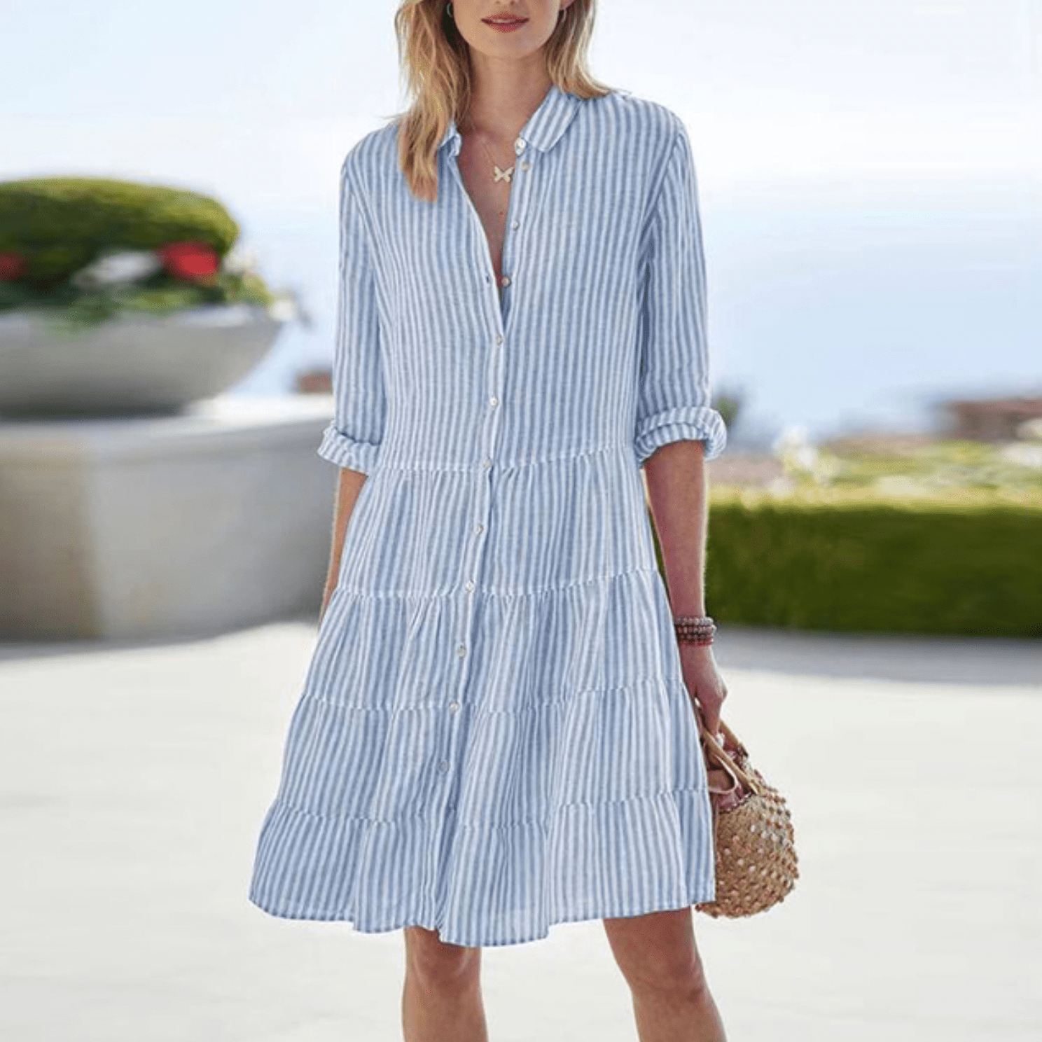 Robe Femme Chemise Rayures Décontractée Mi Longue