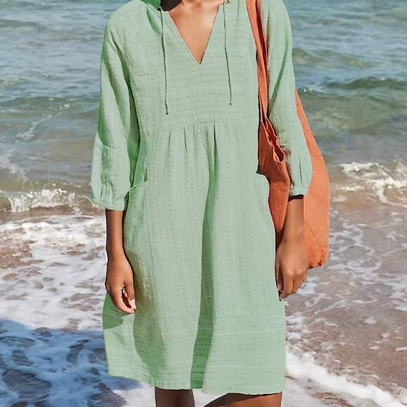 Robe Courte Coton Texturé Col V Confort Léger