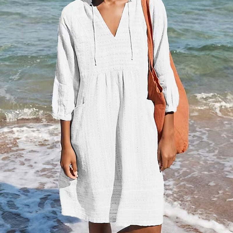 Robe Courte Coton Texturé Col V Confort Léger