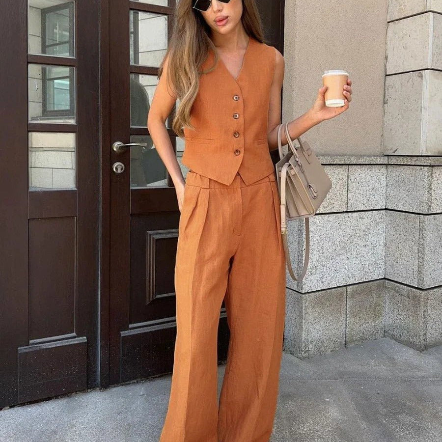 Ensemble Femme Élégant Gilet Sans Manches et Pantalon Large