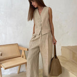 Ensemble Femme Élégant Gilet Sans Manches et Pantalon Large