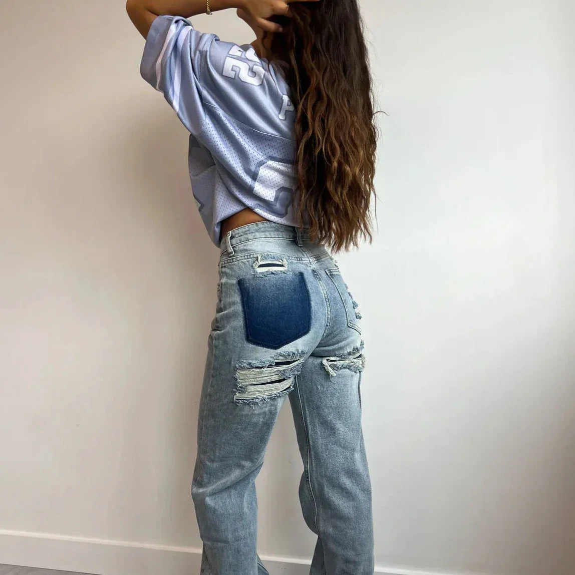 Jean Taille Haute Patchwork Denim Vintage Coupe Droite