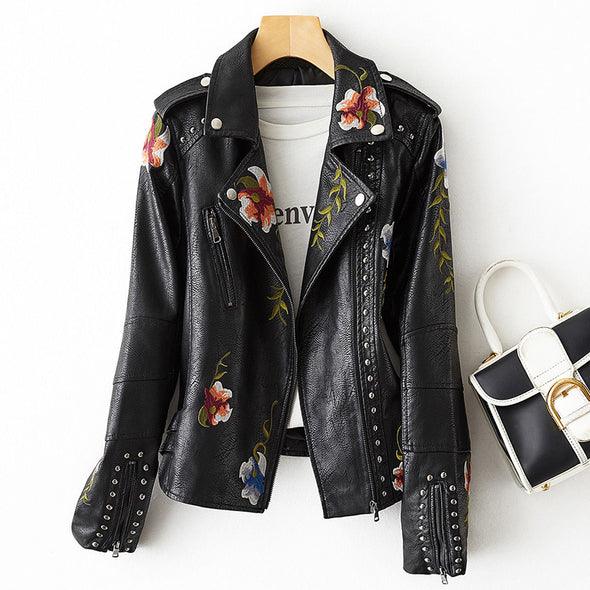 Veste Femme Motif Floral Brodé Style Biker