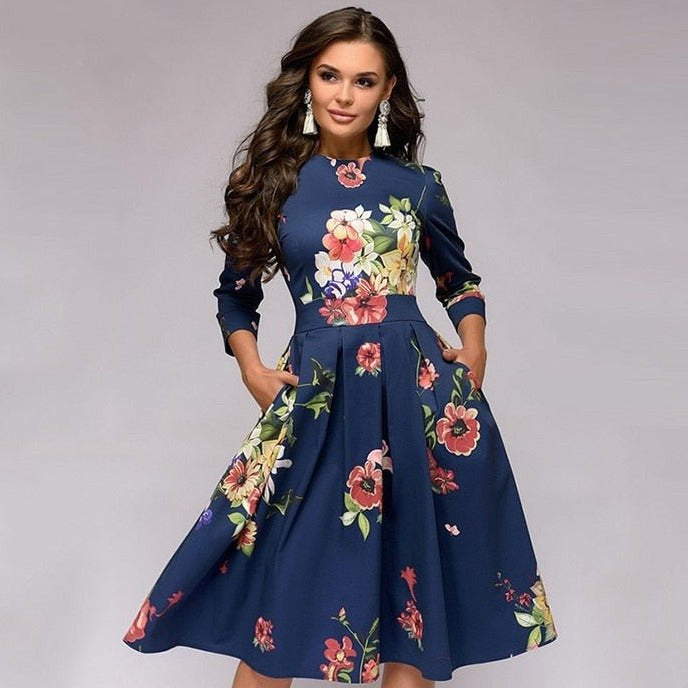 Robe Midi Évasée Florale Manches 3/4 Élégance Vintage