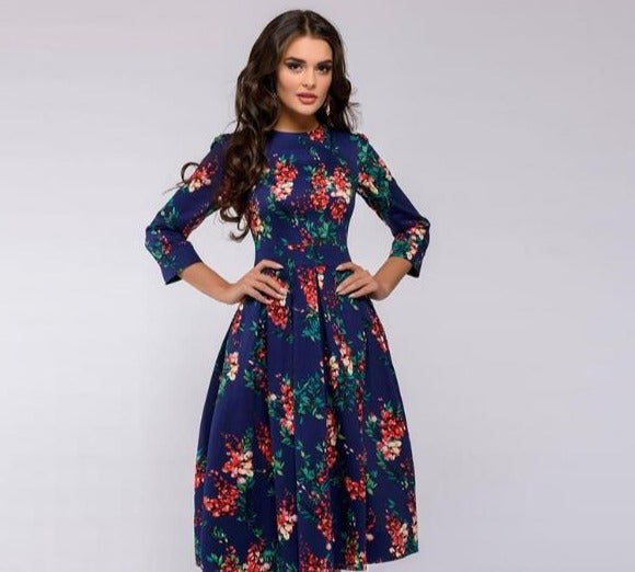 Robe Midi Évasée Florale Manches 3/4 Élégance Vintage