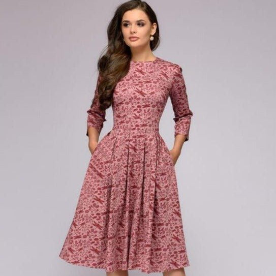 Robe Midi Évasée Florale Manches 3/4 Élégance Vintage
