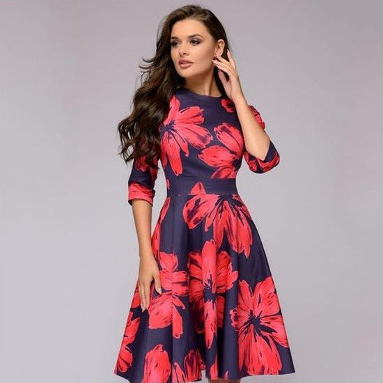 Robe Midi Évasée Florale Manches 3/4 Élégance Vintage