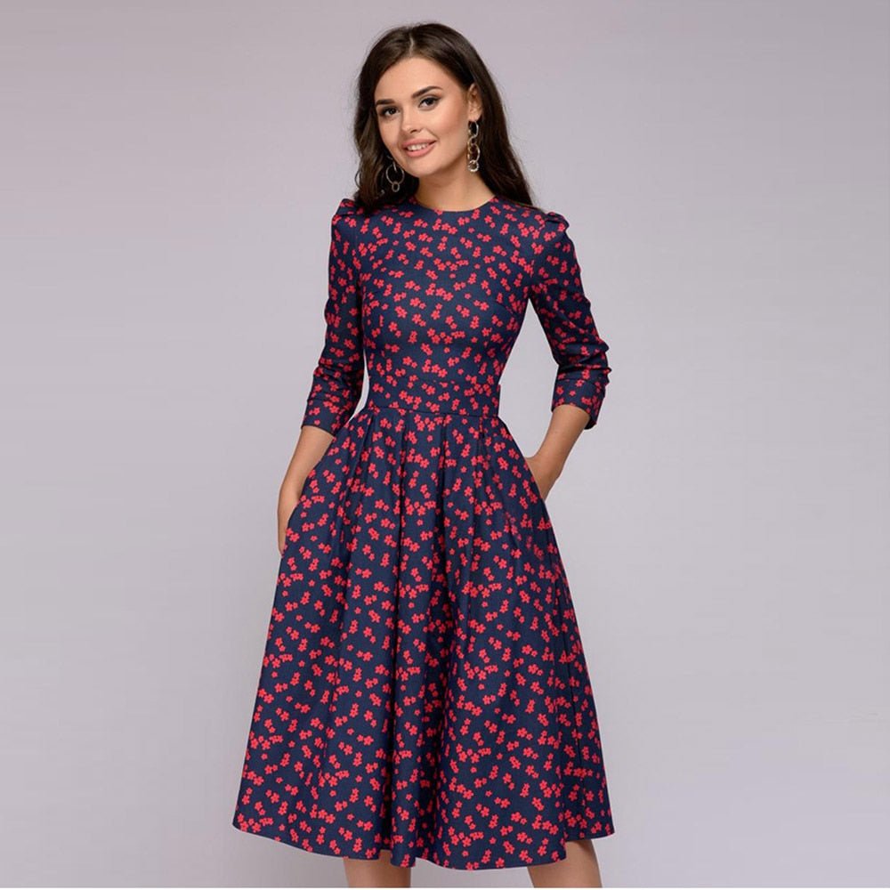 Robe Midi Évasée Florale Manches 3/4 Élégance Vintage
