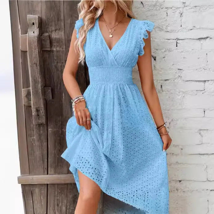 Robe Midi Brodée à Col V