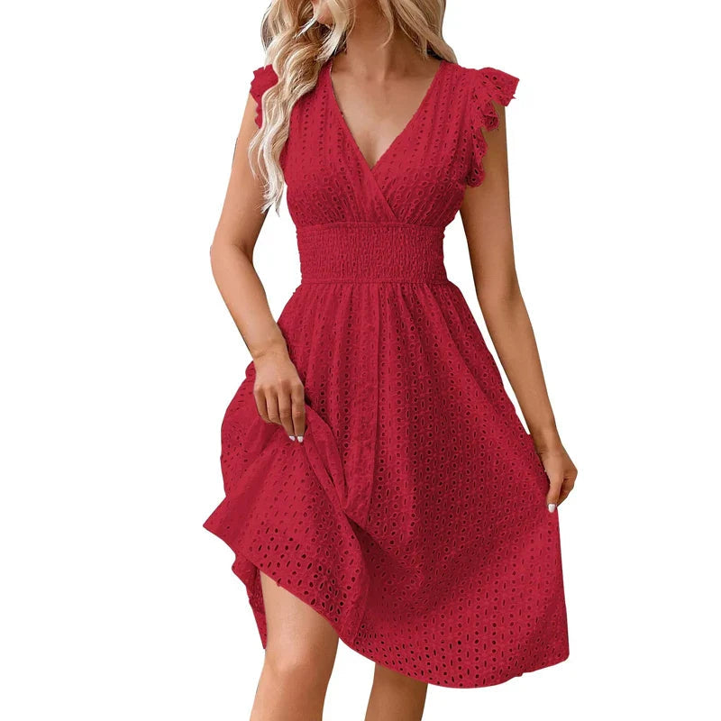 Robe Midi Brodée à Col V