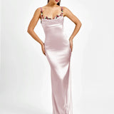 Robe Longue Satinée à Bretelles Fleuries
