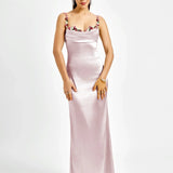 Robe Longue Satinée à Bretelles Fleuries