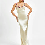 Robe Longue Satinée à Bretelles Fleuries