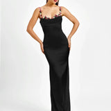 Robe Longue Satinée à Bretelles Fleuries