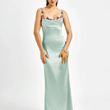 Robe Longue Satinée à Bretelles Fleuries
