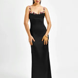 Robe Longue Satinée à Bretelles Fleuries