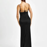 Robe Longue Satinée à Bretelles Fleuries