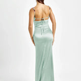 Robe Longue Satinée à Bretelles Fleuries