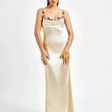 Robe Longue Satinée à Bretelles Fleuries