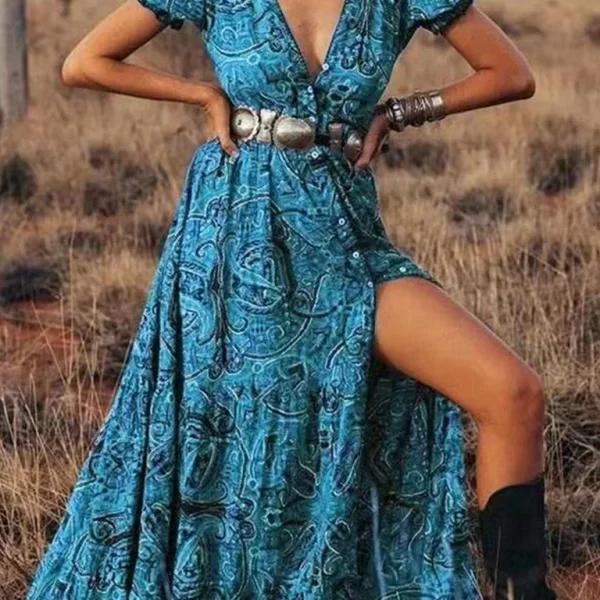 Robe Longue Imprimée à Col V