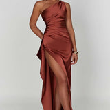 Robe Longue Asymétrique Satinée à Fente