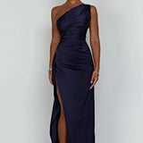 Robe Longue Asymétrique Satinée à Fente