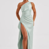 Robe Longue Asymétrique Satinée à Fente