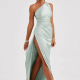 Robe Longue Asymétrique Satinée à Fente