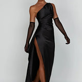 Robe Longue Asymétrique Satinée à Fente