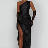 Robe Longue Asymétrique Satinée à Fente