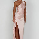 Robe Longue Asymétrique Satinée à Fente