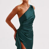 Robe Longue Asymétrique Satinée à Fente