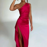 Robe Longue Asymétrique Satinée à Fente