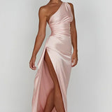 Robe Longue Asymétrique Satinée à Fente