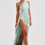 Robe Longue Asymétrique Satinée à Fente