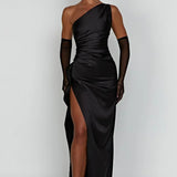 Robe Longue Asymétrique Satinée à Fente