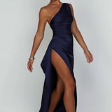 Robe Longue Asymétrique Satinée à Fente