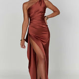 Robe Longue Asymétrique Satinée à Fente