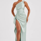 Robe Longue Asymétrique Satinée à Fente
